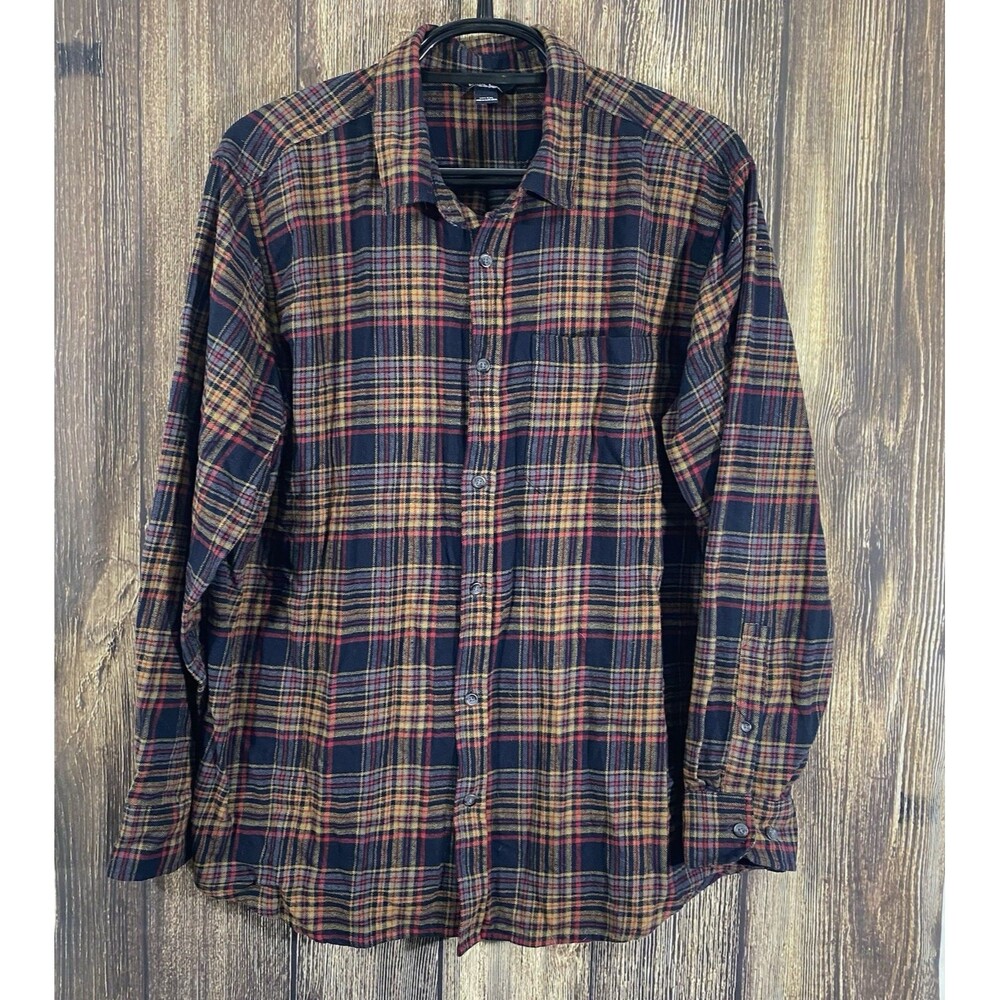 Eddie Bauer Mens Button Front Plaid Flannel Shirt 2XL Brown/Red Long Sleeve